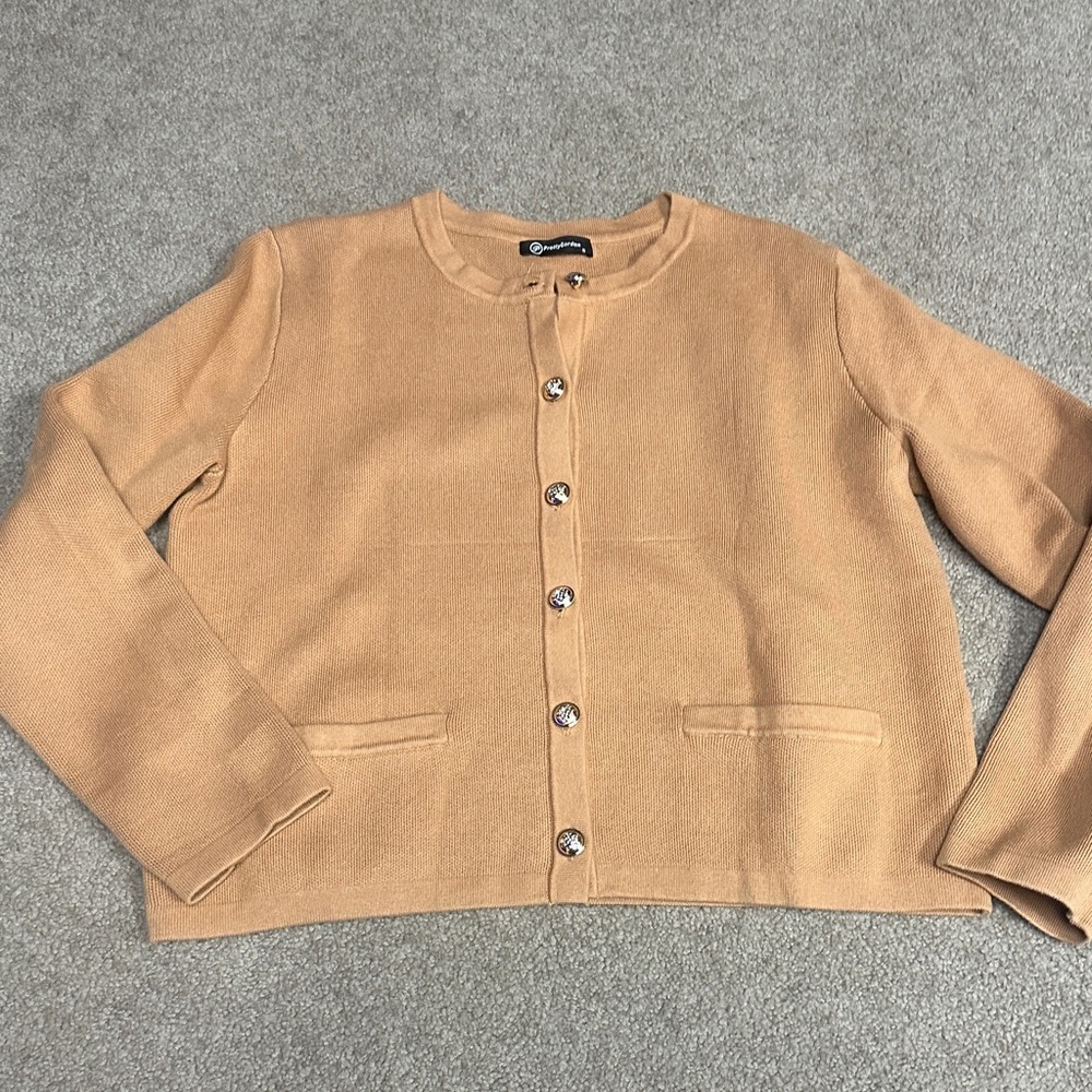 Pretty Garden Tan Button-Up Cardigan with gold buttons